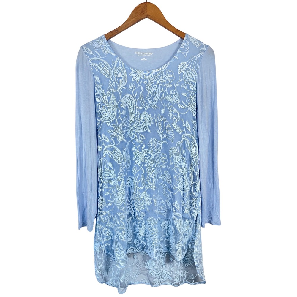 Soft Surroundings Floral Embroidered Overlay Silk Tunic Top S Blue Boho Romantic